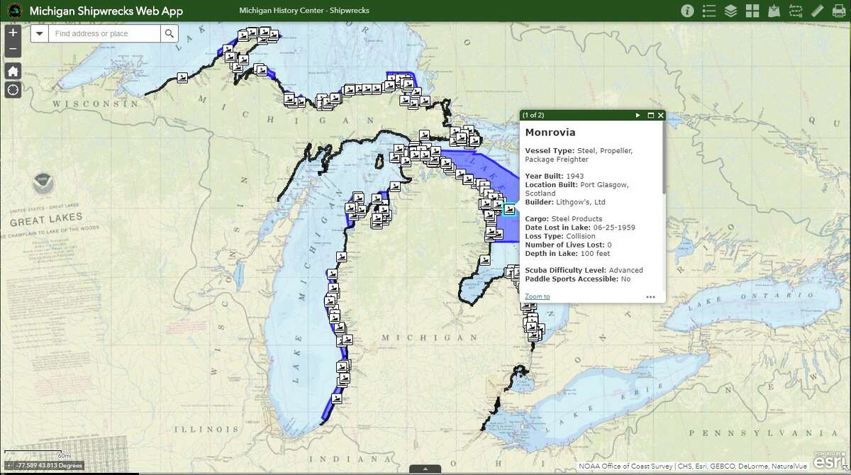 On the Michigan Shipwrecks StoryMap, shipwreck locations are clickable icons on the web map. When clicked, a pop-up box provides detailed information about the shipwreck. (Courtesy photo/Michigan Department of Natural Resources)