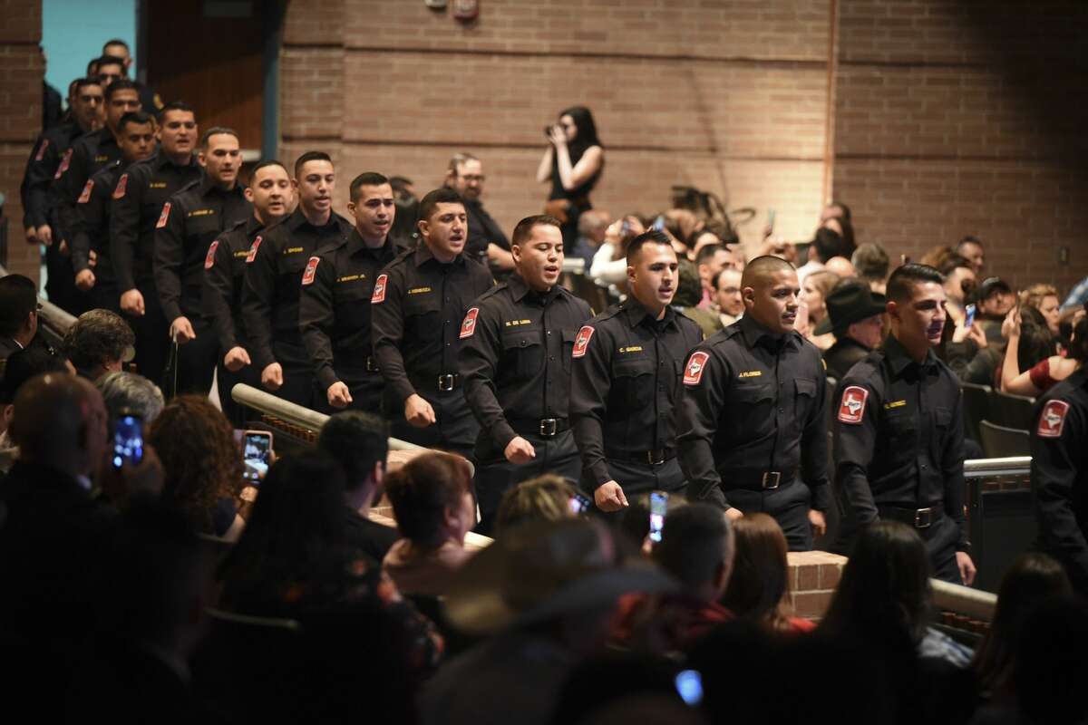 Graduating cadets of Fire Academy 434 meet with family, instructors and city officials at the U.I.S.D. Bill Johnson Student Activity Complex auditorium, Friday, Jan. 10, 2020, during the Laredo Fire Department Academy Graduation.