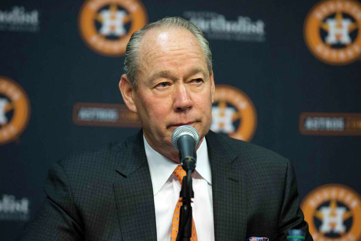 Houston Astros owner Jim Crane speaks at a news conference in Houston, Monday, Jan. 13, 2020. Crane opened the news conference by saying manager AJ Hinch and general manager Jeff Luhnow were fired for the team's sign-stealing during its run to the 2017 World Series title. (Yi-Chin Lee/Houston Chronicle via AP)