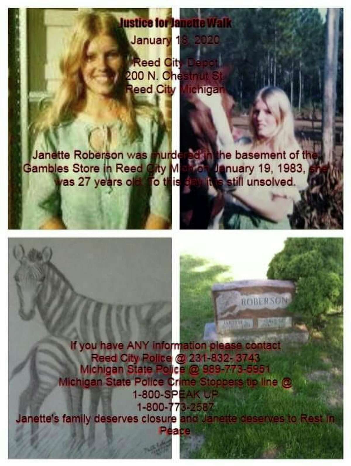 The annual Justice for Janette walk in Reed City will take place Saturday, Jan. 18, from 12-4 p.m. The walk will begin at the Reed City Depot and end at Reed City Hardware, formerly Gamble's, downtown. The purpose of the walk is to bring attention to the cold case and possibly generate new leads that will help solve the case. (Submitted photo)