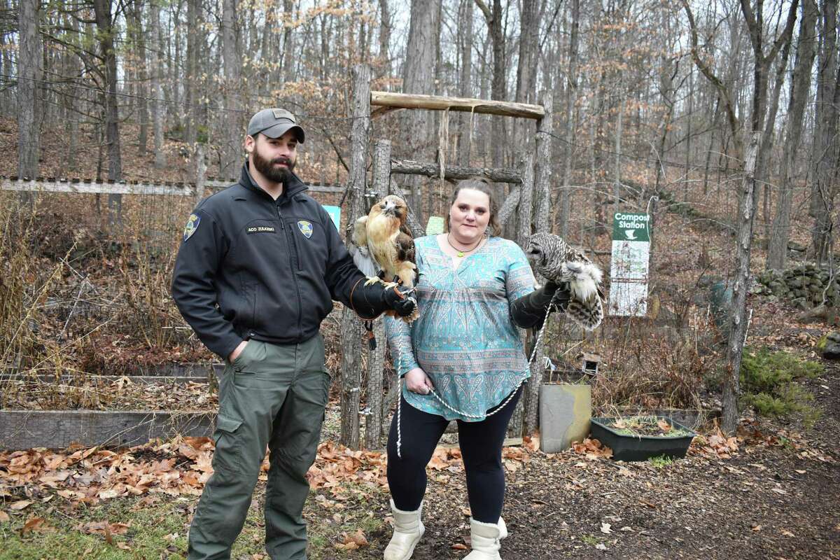 Ridgefield Animal Control Officer Kris Zulkeski and Jennifer Bradshaw, Early Childhood Education Coordinator at Woodcock Nature Center.