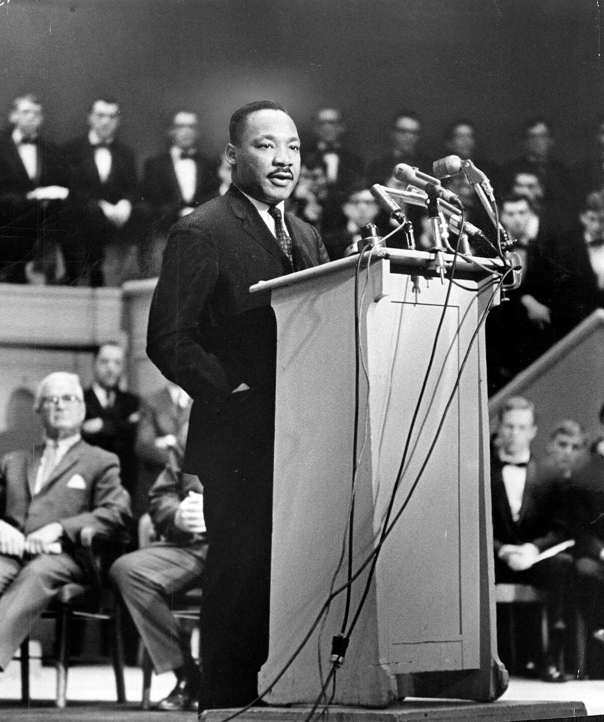 The Rev. Dr. Martin Luther King Jr. addresses the Sunday Evening Club at Orchestra Hall in Chicago on March 14, 1965.