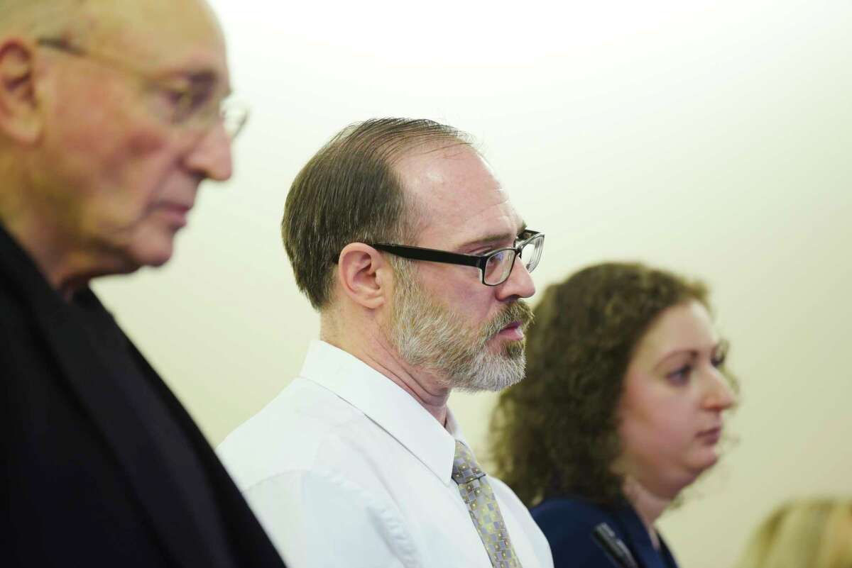 Paul Barbaritano, center, appears in Albany County Court with his attorneys, Michael Feit, left, and Rebekah Sokol, right, on Wednesday, Jan. 15, 2020, in Albany, N.Y. Barbaritano was arraigned on a murder charge and sent to the Albany County Jail without bail. (Paul Buckowski/Times Union)
