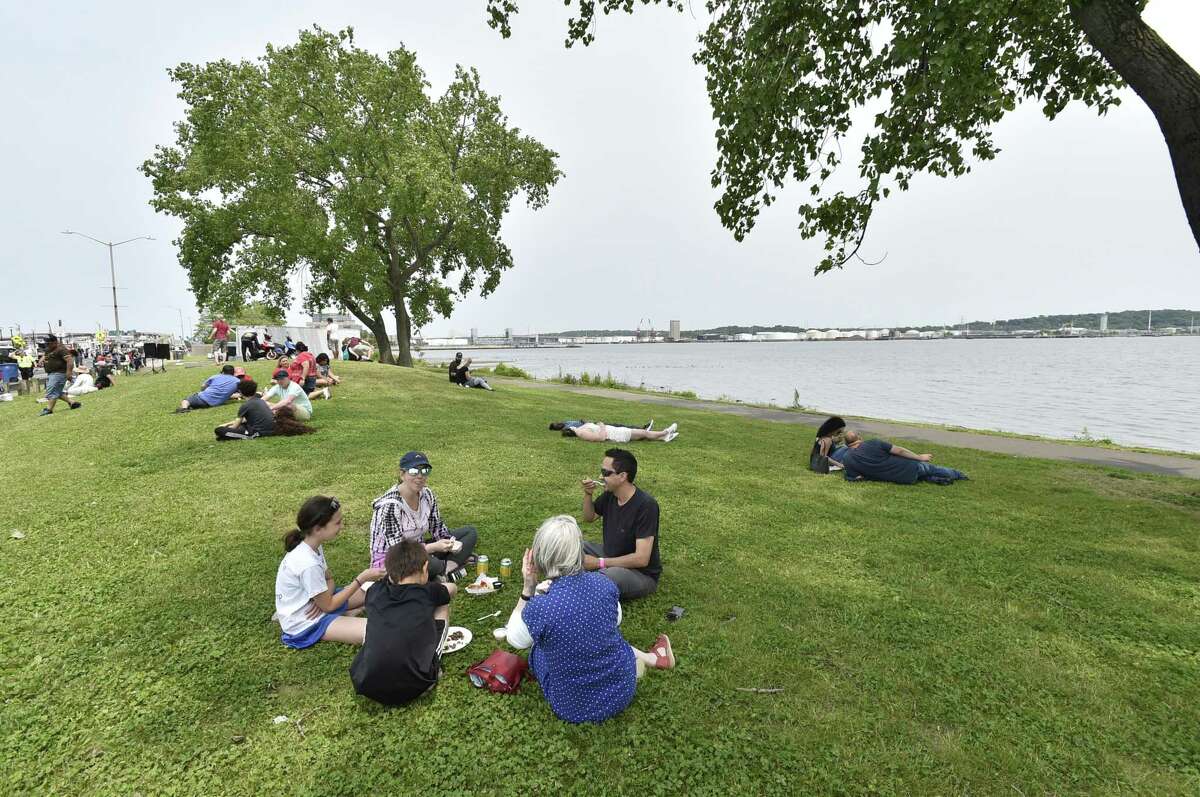 New Haven Connecticut - Saturday, June 1, 2019: The New Haven Food Truck Festival Saturday afternoon on Long Wharf Drive along the New Haven Harbor shoreline.