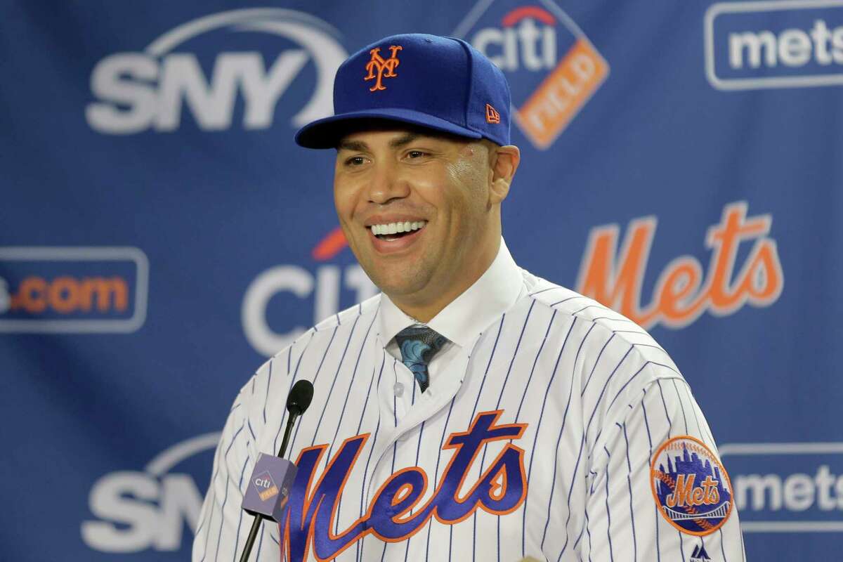 New York Mets new manager Carlos Beltran smiles during an introductory baseball news conference in New York, Monday, Nov. 4 2019.(AP Photo/Seth Wenig)