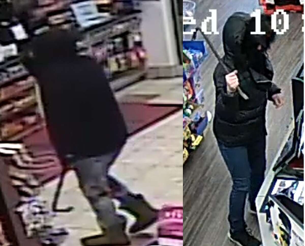 Authorities are searching for two suspects who wielded crowbars in robberies that appear to be related Wednesday morning, Colonie Police said.