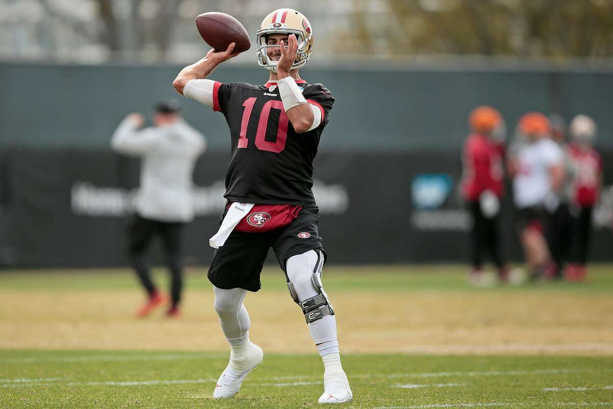 San Francisco 49ers quarterback Jimmy Garoppolo (10) practices at the 49ers training facility next to Levi’s Stadium, Wednesday, Jan. 15, 2020, in Santa Clara, Calif. The 49ers will play the Green Bay Packers in the NFC Championship Game on Sunday.