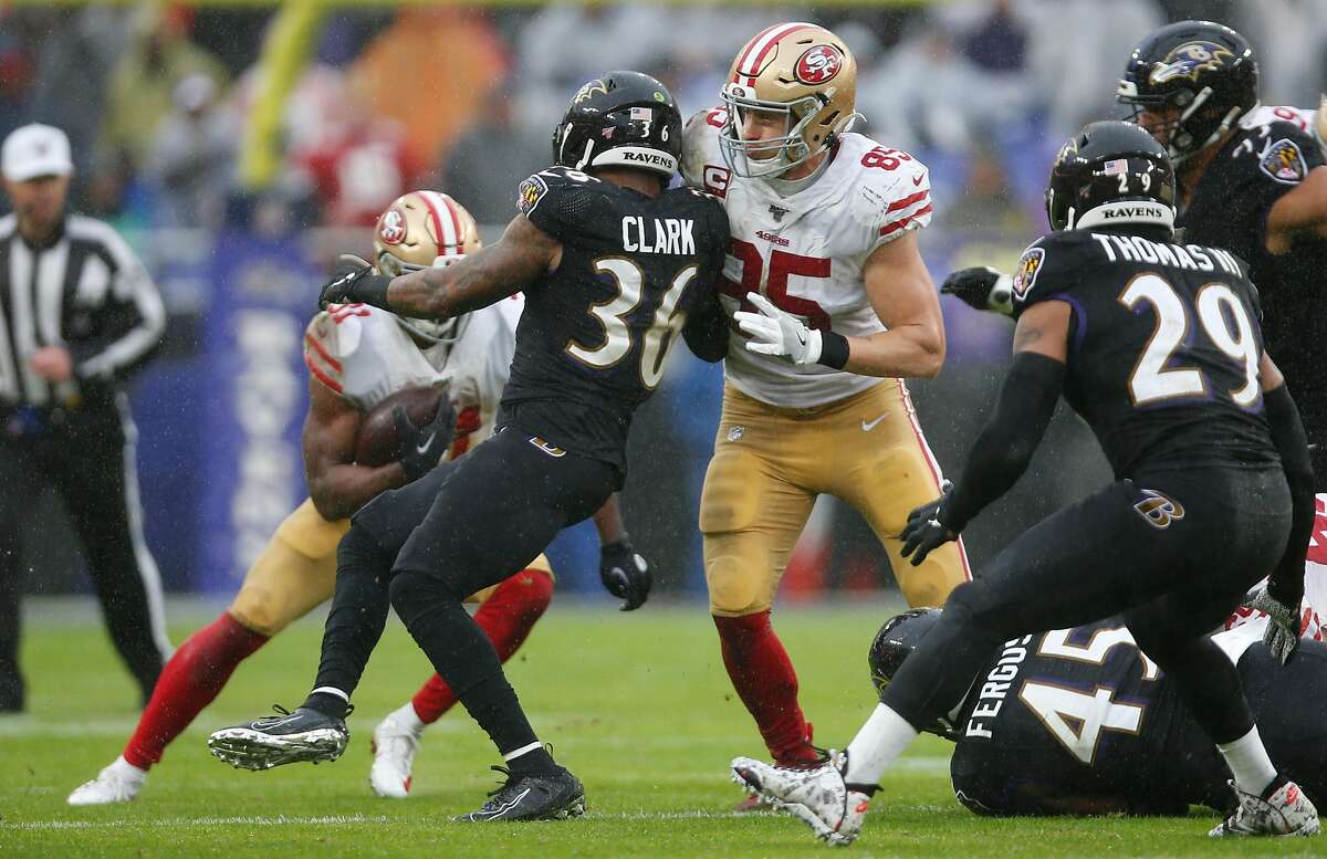 BALTIMORE, MD - DECEMBER 1: George Kittle #85 of the San Francisco 49ers blocks during the game against the Baltimore Ravens at M&T Bank Stadium on December 1, 2019 in Baltimore, Maryland. The Ravens defeated the 49ers 20-17. ~~