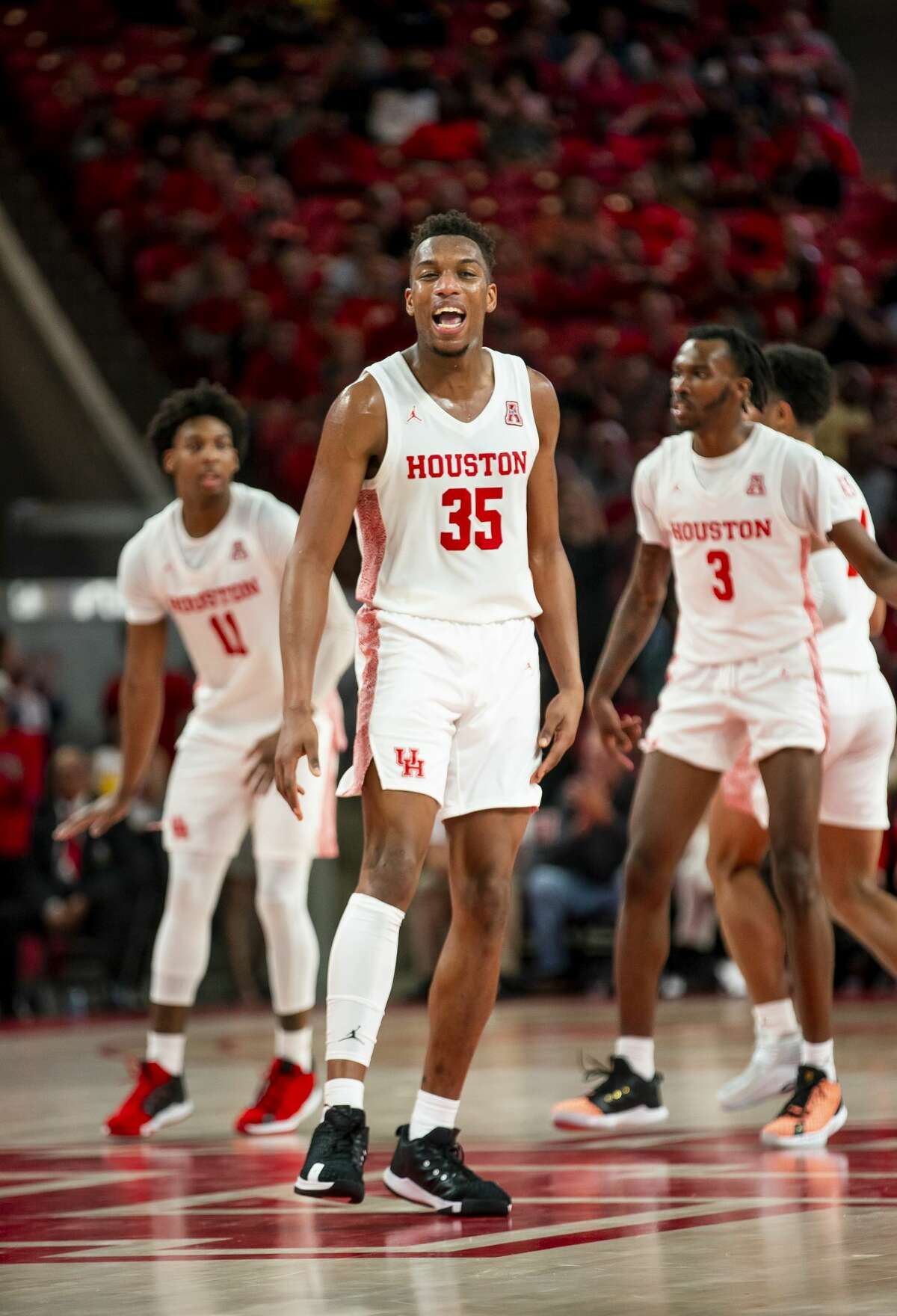 Houston Cougars forward Fabian White Jr. (35) reacts after a play during the first half of the Cougars' game against the Mustangs at the Fertitta Center in Houston, Wednesday, Jan. 15, 2020.