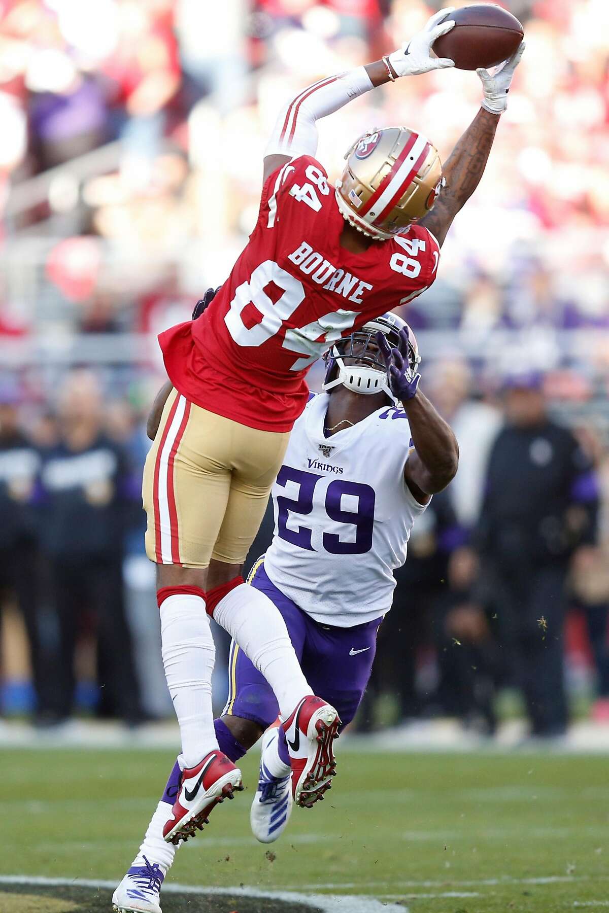 SANTA CLARA, CALIFORNIA - JANUARY 11: Kendrick Bourne #84 of the San Francisco 49ers makes a catch against Xavier Rhodes #29 of the Minnesota Vikings during the NFC Divisional Round Playoff game at Levi's Stadium on January 11, 2020 in Santa Clara, California. (Photo by Lachlan Cunningham/Getty Images)