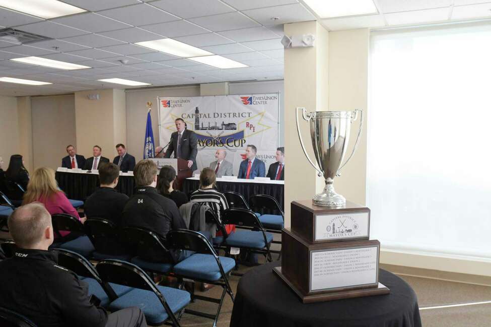 Rick Bennett, Union men's hockey team coach, speaks at a press conference for Mayor's Cup hockey game at the Times Union Center on Thursday, Jan. 16, 2020, in Albany, N.Y. (Paul Buckowski/Times Union)