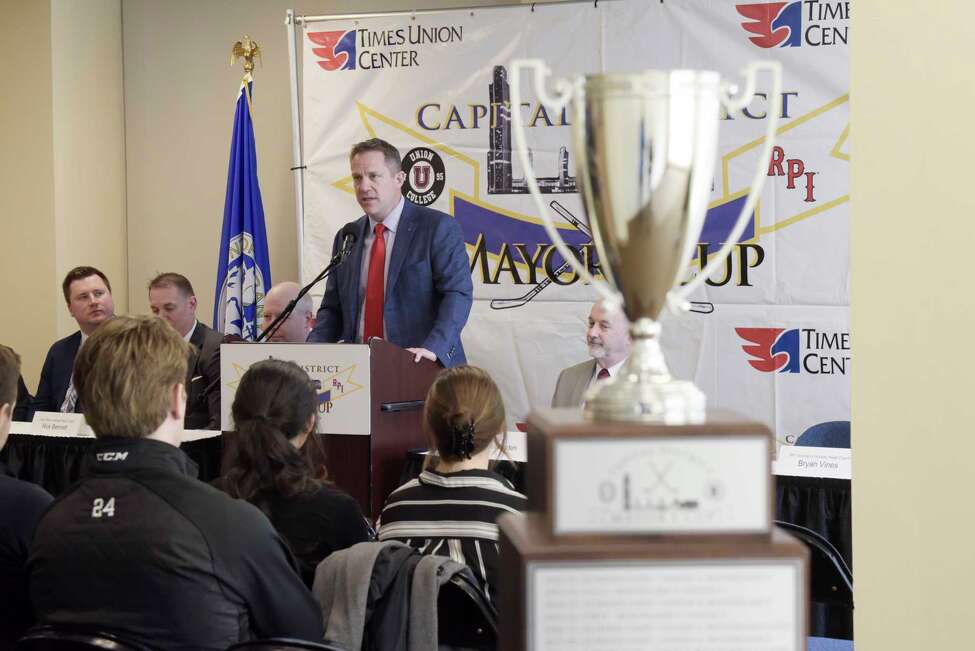 Dave Smith RPI men's hockey team coach, speaks at a press conference for Mayor's Cup hockey game at the Times Union Center on Thursday, Jan. 16, 2020, in Albany, N.Y. (Paul Buckowski/Times Union)