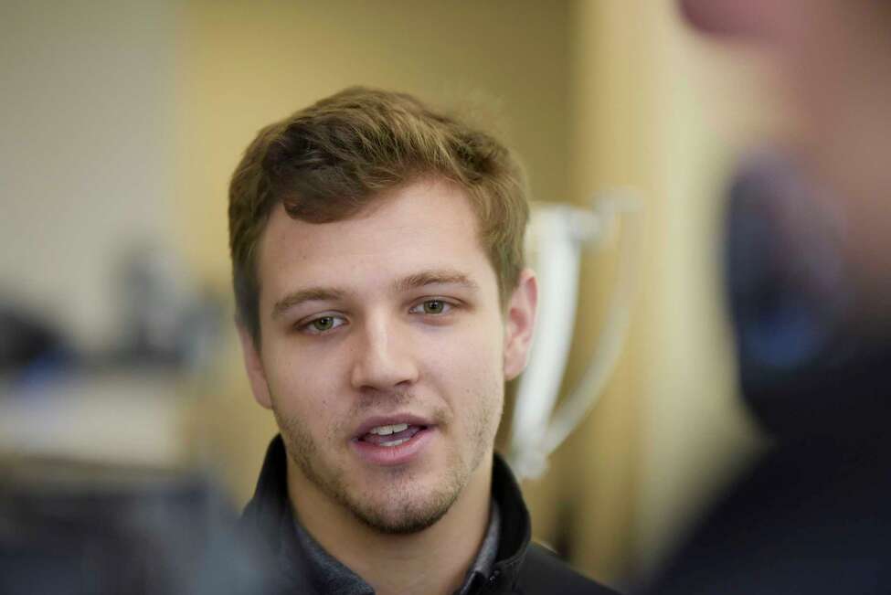 RPI hockey player, Jake Marrello, from Slingerlands, talks to the media at a press conference for Mayor's Cup hockey game at the Times Union Center on Thursday, Jan. 16, 2020, in Albany, N.Y. (Paul Buckowski/Times Union)