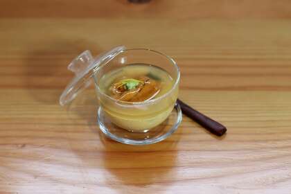 Fish & Bird Sousaku Izakaya will prepare a daily chawanmushi with seasonal ingredients. This version is studded with shrimp, mushrooms and ginkgo nuts and crowned with uni.