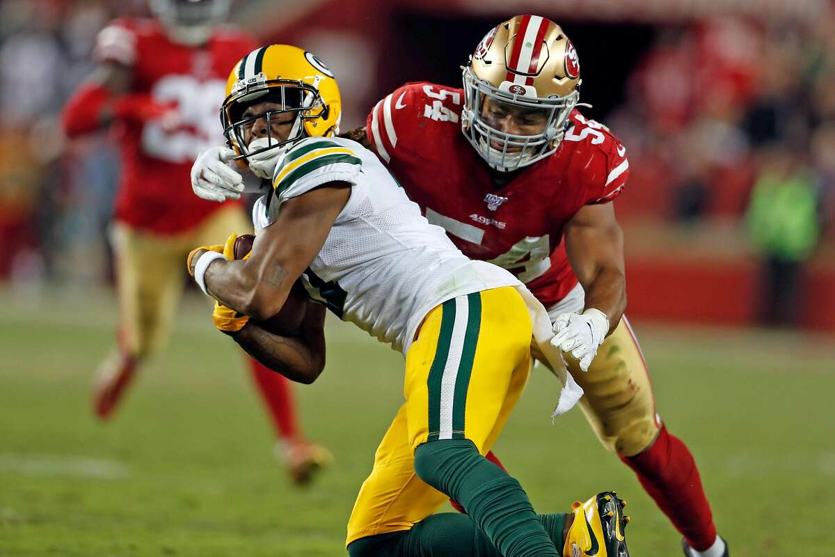 San Francisco 49ers linebacker Fred Warner (54) reacts during an