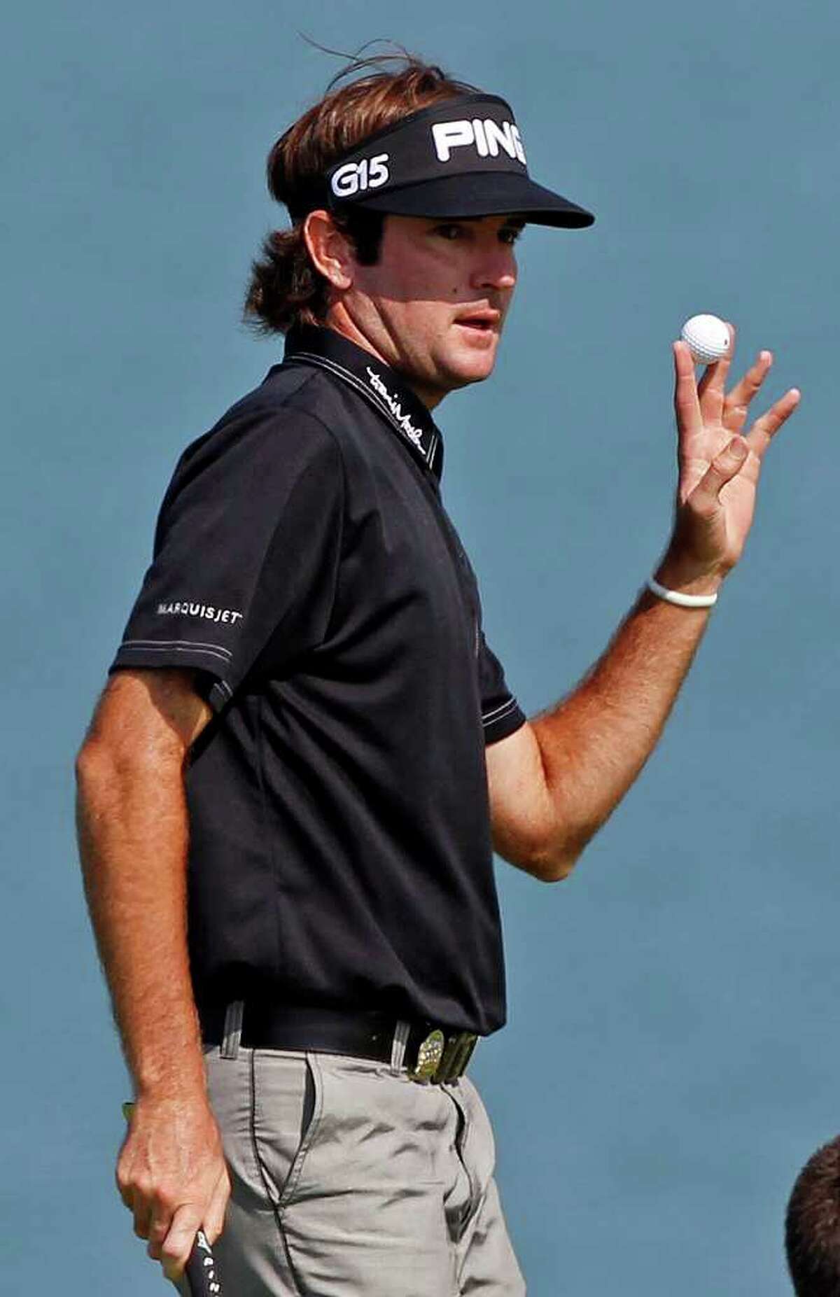 Bubba Watson reacts after making a birdie putt on the 16th hole during the first round of the PGA Championship golf tournament Thursday, Aug. 12, 2010, at Whistling Straits in Haven, Wis. (AP Photo/Jeffrey Phelps)
