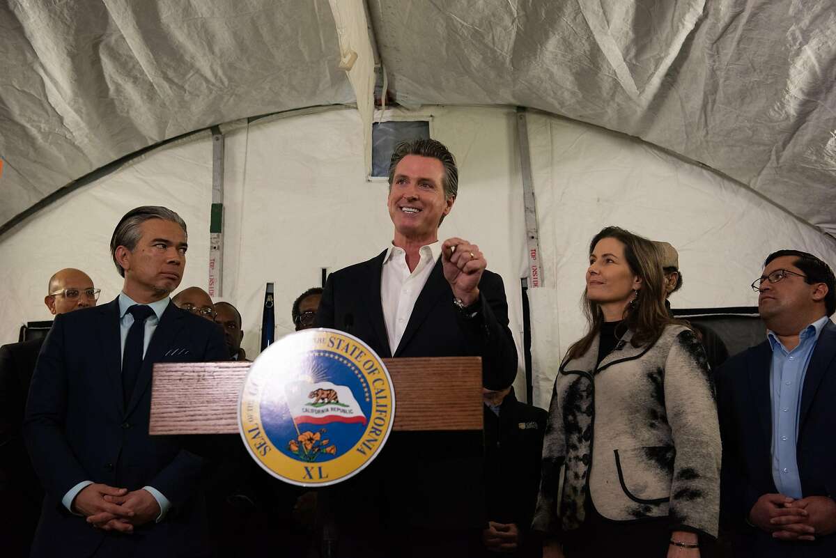 Gov. Gavin Newsom at a press conference announcing a plan to give FEMA trailers to different cities to help with the homelessness crisis. Oakland will be the first city to receive such trailers. on January 16, 2020 in Oakland, Calif.
