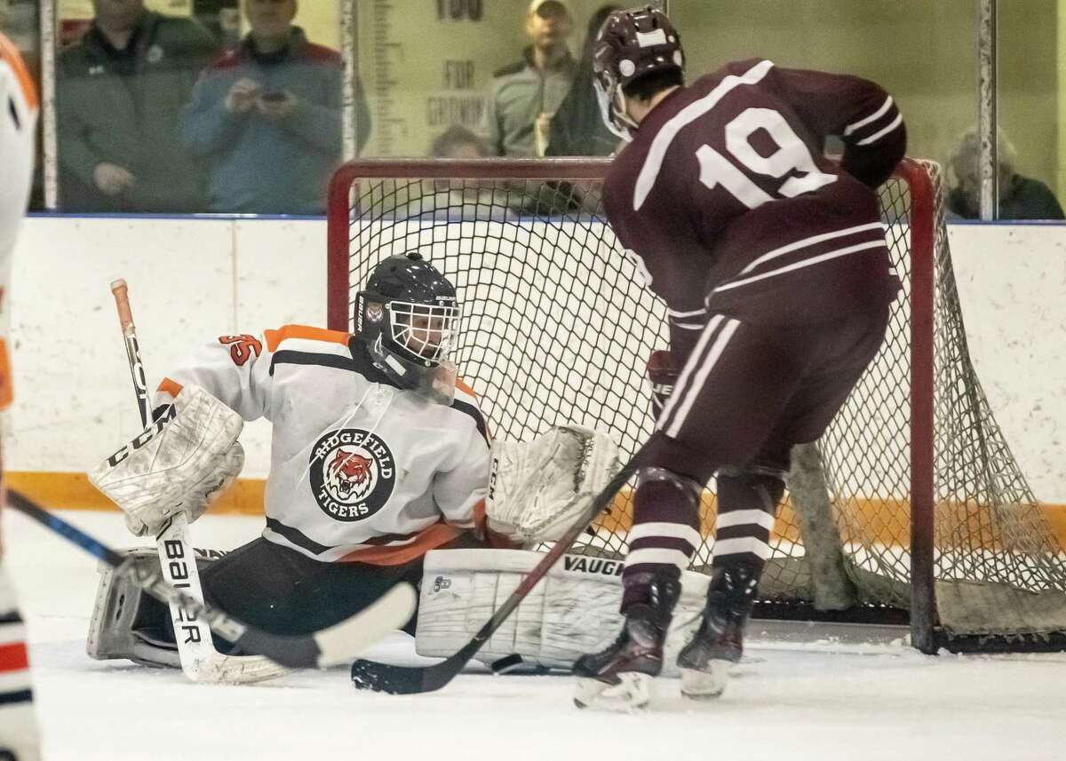 Ridgefield goalie Matt Silliman (shown stopping a shot in Saturday's game against La Salle Academy) made 31 saves as the Tigers beat Westhill-Stamford, 6-1, on Wednesday night.