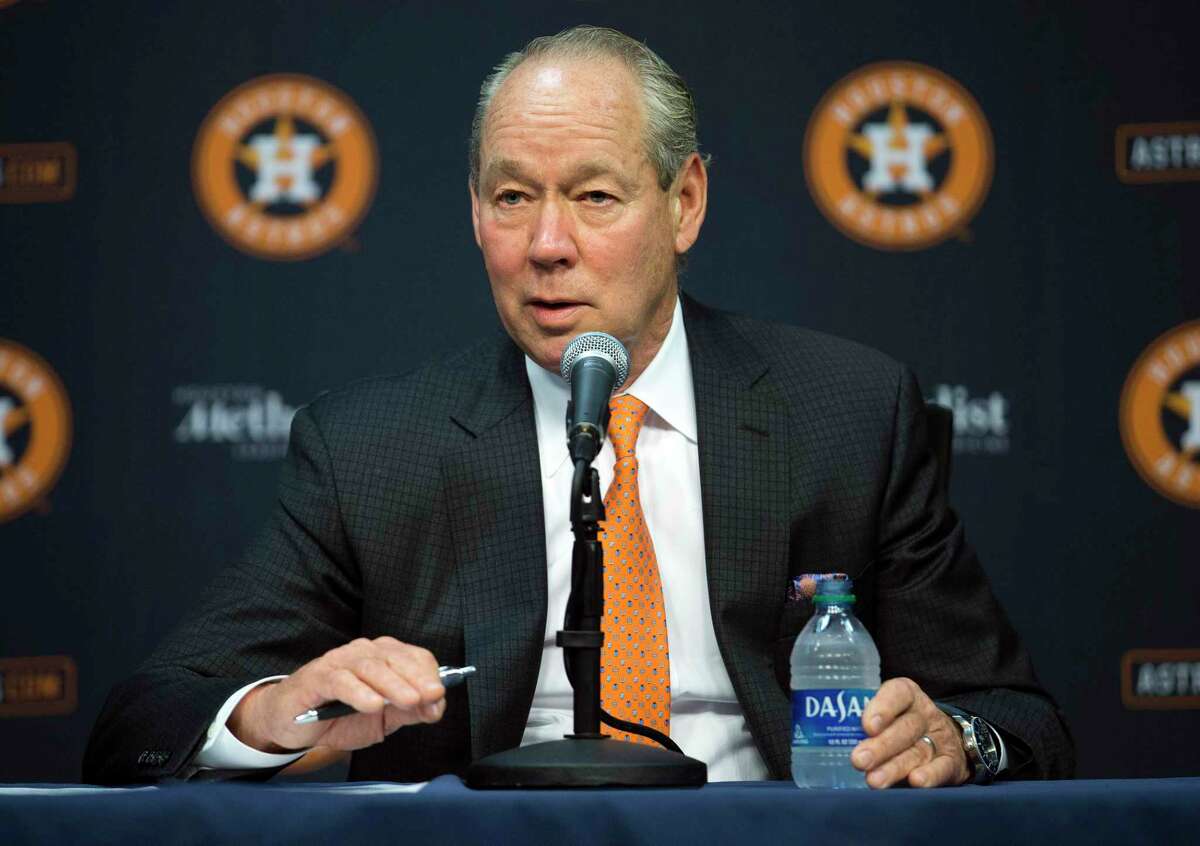 Houston Astros owner Jim Crane speaks at a news conference in Houston, Monday, Jan. 13, 2020. Crane opened the news conference by saying manager AJ Hinch and general manager Jeff Luhnow were fired for the team's sign-stealing during its run to the 2017 World Series title. (Yi-Chin Lee/Houston Chronicle via AP)
