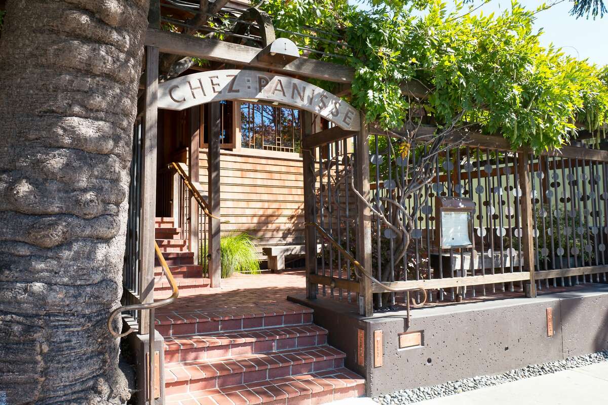 FILE - Facade of Chez Panisse, the flagship restaurant of iconic restaurateur Alice Waters, who is often credited with starting the California cuisine and New American food movements, in the North Shattuck neighborhood of Berkeley, California, October 6, 2017.
