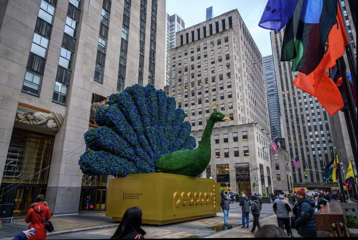 NBCUniversal touts its new Peacock streaming service in January 2020 outside its 30 Rockefeller Plaza headquarters in New York City.