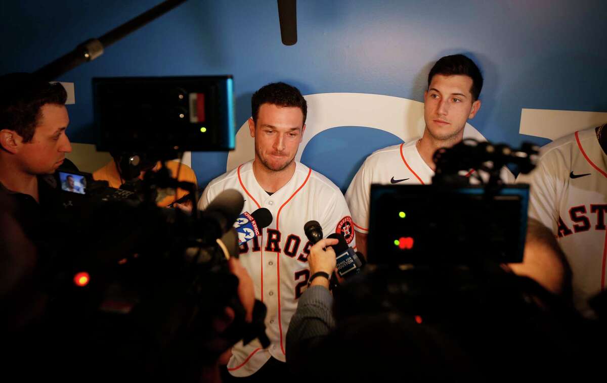 Alex Bregman is interviewed by the media during FanFest at Minute Maid Park Saturday, Jan. 18, 2020, in Houston. Kyle Tucker is on the right.