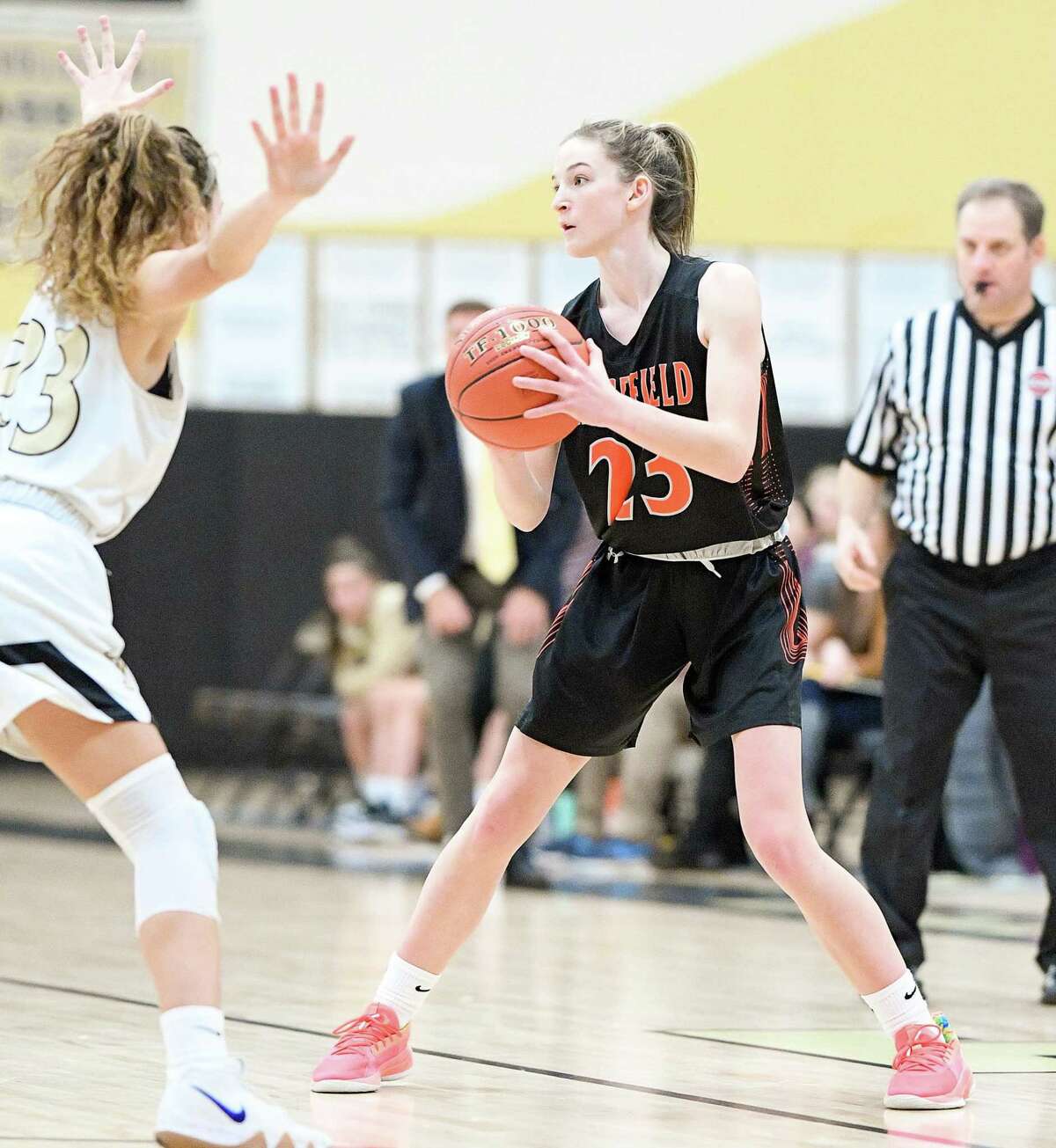 Cali Stietzel (file photo) scored 15 points in Ridgefield's FCIAC quarterfinal win over Danbury.