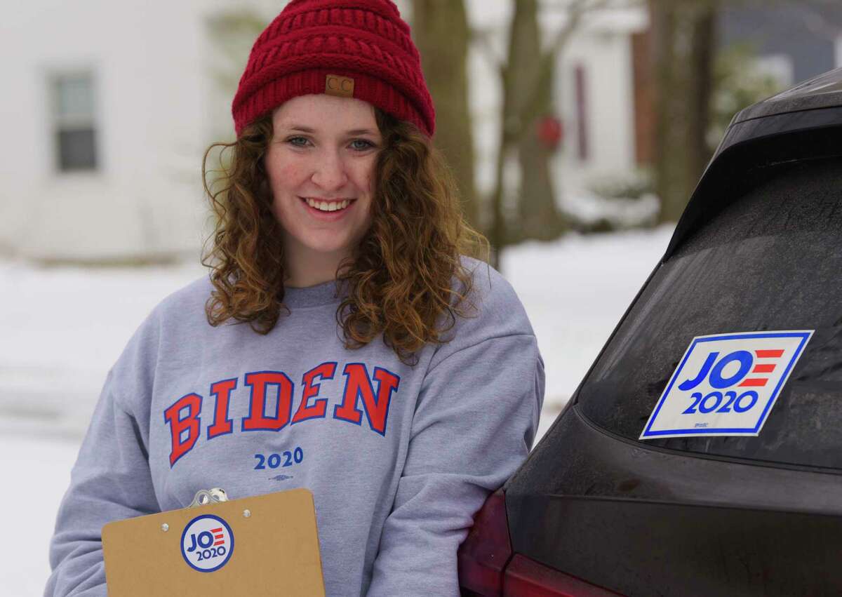 Caroline McGraw poses for a photo on Sunday, Jan. 19, 2020, in Niskayuna, N.Y. McGraw was out getting signatures because she is running to be a DNC delegate for Joe Biden. (Paul Buckowski/Times Union)