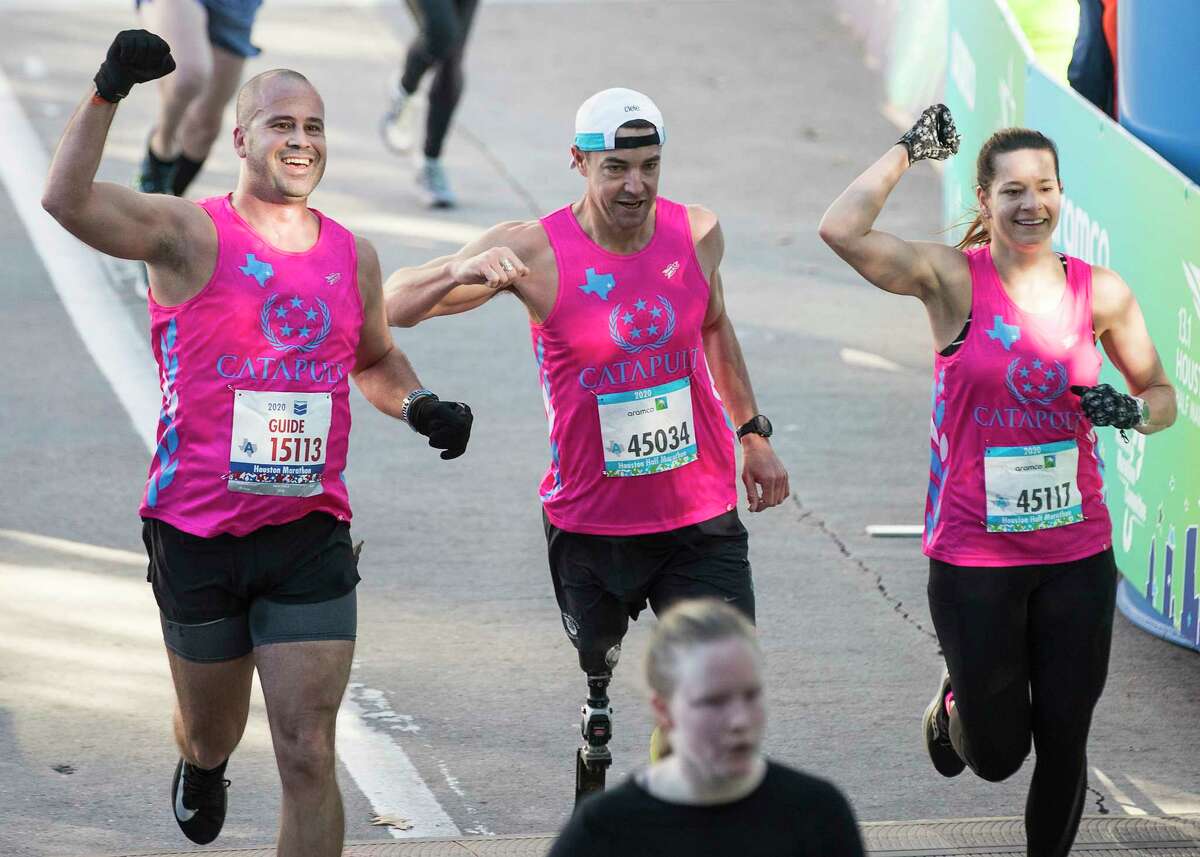 Paralympic athlete and nurse Mark Barr (center), seen here finishing the Aramco Half Marathon in January while flanked by Greg Orphanides (left) and Morgan Dean, said of social distancing: "It’s a small sacrifice that can go a long way. It’s a selfless task to help others and it’s cool to see people rally.’’