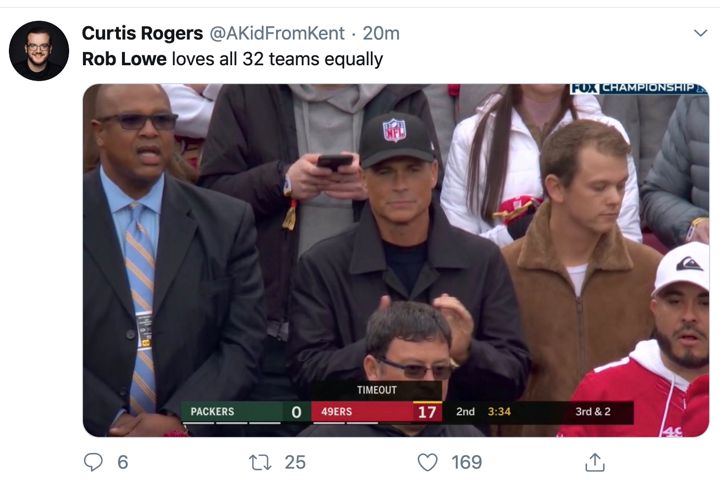 Rob Lowe Got Roasted On Twitter For Wearing An NFL Logo Hat To The  Niners-Packers Game (13 Tweets)