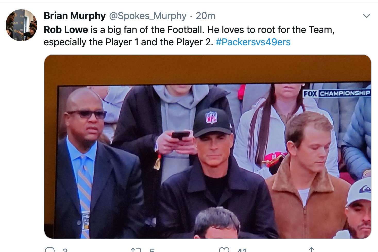 Rob Lowe wore a bland NFL hat to a bland 49ers vs. Packers game, and fans  made plenty of jokes