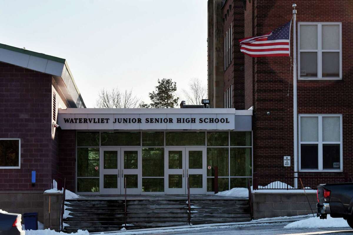 Exterior of Watervliet Junior Senior High School on Monday, Jan. 20, 2020, in Watervliet, N.Y. The school district votes Feb. 4 on a $9.9 million bond to make repairs at two schools in district. (Will Waldron/Times Union)