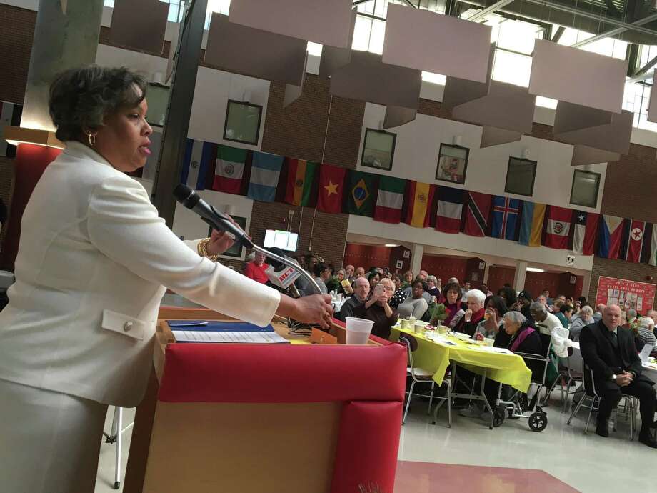 Speaker Virginia T. Spell, interim president and CEO of the Urban League of Southern Connecticut, address a crowd of nearly 200 people at the 20th annual Rev. Dr. Martin Luther King Jr. Community Breakfast in the Branford High School cafeteria Jan. 20, 2020. Photo: Mark Zaretsky / Hearst Connecticut Media