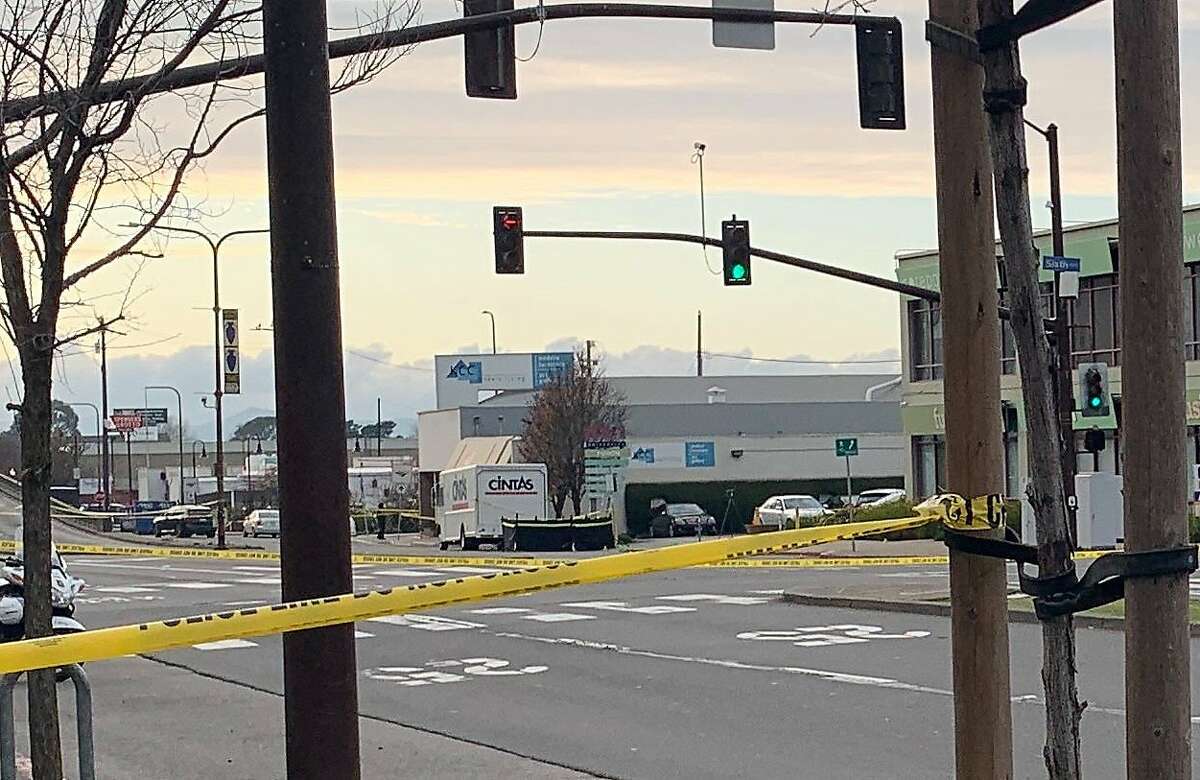 The scene at 6th Street and University Avenue in Berkeley where a driver fleeing police struck and killed a pedestrian on a sidewalk on Monday, Jan. 20, 2020.