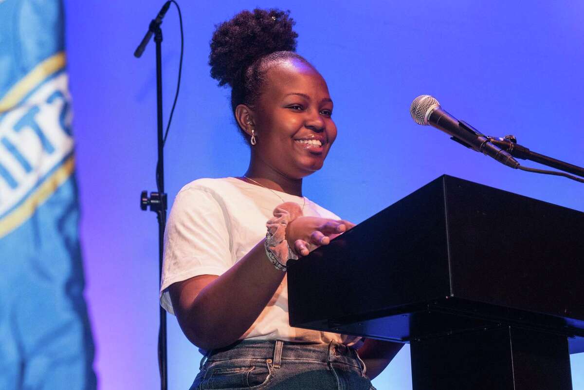 Natalie Esikumo, a member of A Better Chance of Ridgefield, speaks at a celebration of Dr. Martin Luther King on Monday, Jan. 20, 2020 at the Ridgefield Playhouse in Ridgefield, Conn.