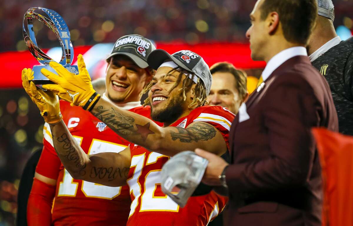 PHOTOS: Former members of the Houston Texans who will be part of this year's Super Bowl Tyrann Mathieu holds up the Lamar Hunt trophy in front of Patrick Mahomes after the Chiefs beat the Tennessee Titans in the AFC Championship Game on Sunday. Mathieu spent last season with the Texans. Browse through the photos above for a look at all the former members of the Houston Texans who will have a role in this year's Super Bowl ...