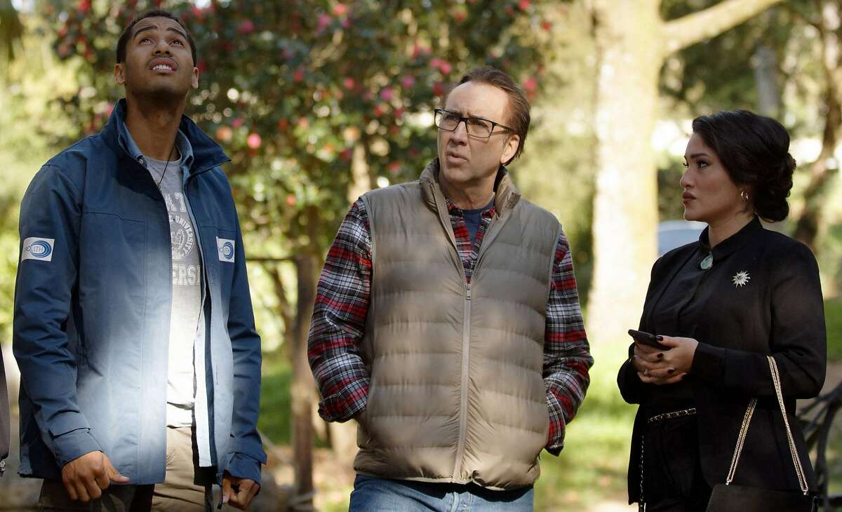 (L-R) Elliot Knight as Ward Phillips, Nicolas Cage as Nathan Gardner and Q'orianka Kilcher as Mayor Tooma in the sci-fi / horror film, “COLOR OUT OF SPACE.”