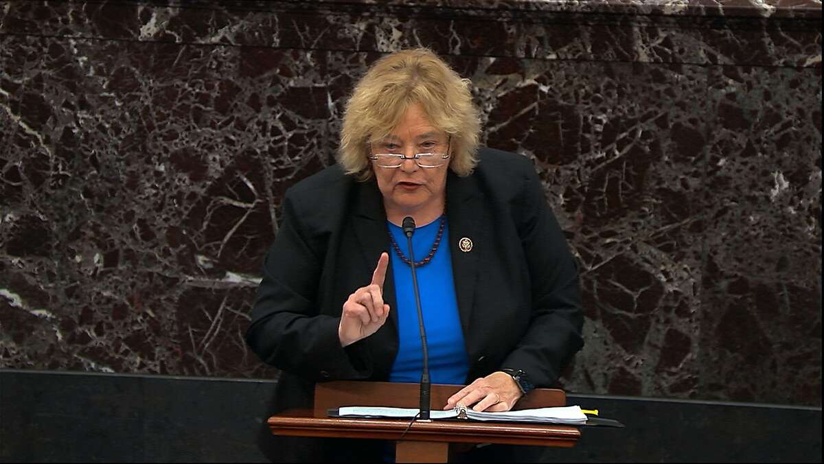 In this image from video, impeachment manager Rep. Zoe Lofgren, D-Calif., speaks in support of an amendment offered by Sen. Chuck Schumer, D-N.Y., during the impeachment trial against President Donald Trump in the Senate at the U.S. Capitol in Washington, Tuesday, Jan. 21, 2020. (Senate Television via AP)
