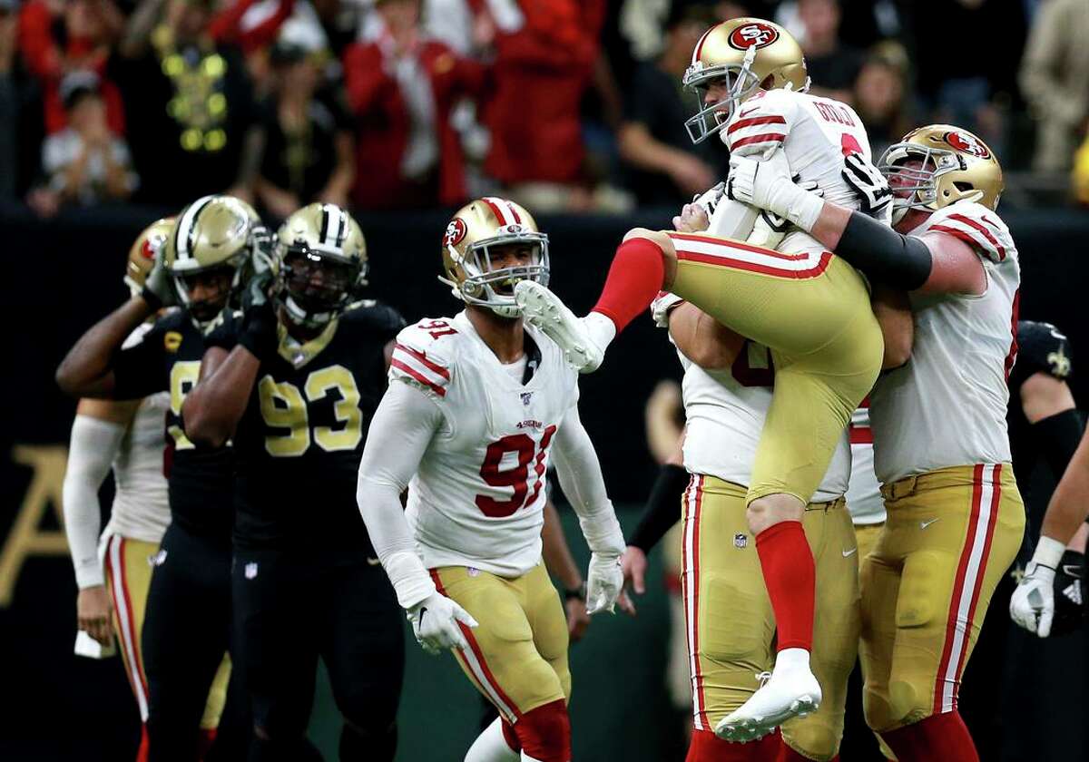 49ers 48, Saints 46, Dec. 8: NEW ORLEANS, LOUISIANA - DECEMBER 08: Robbie Gould #9 of the San Francisco 49ers reacts after kicking the game winning field goal during a NFL game against the New Orleans Saints at the Mercedes Benz Superdome on December 08, 2019 in New Orleans, Louisiana. (Photo by Sean Gardner/Getty Images)