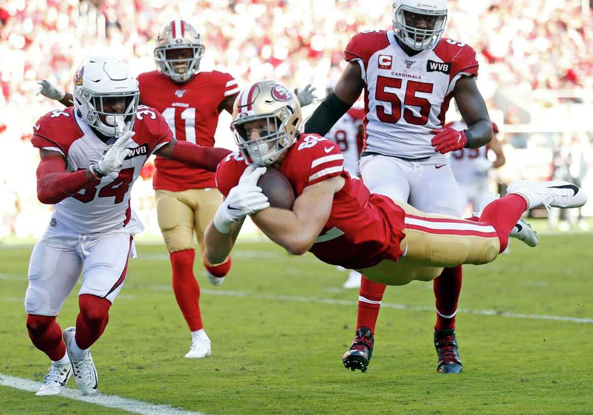 49ers 36, Arizona 26, Nov. 17: San Francisco 49ers' Ross Dwelley dives for the end zone in 2nd quarter during 36-26 win over Arizona Cardinals during NFL game at Levi's Stadium in Santa Clara, Calif., on Sunday, November 17, 2019. The apparent touchdown was called back because of a San Francisco penalty.