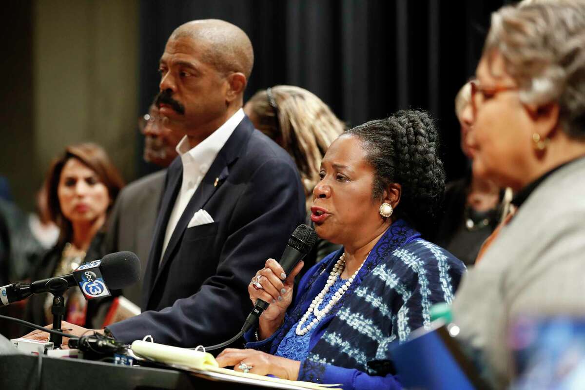 Congresswoman Sheila Jackson Lee speaks to the media before speaking at a town hall on creosote contamination in the Fifth Ward hosted by Jackson Lee at Wheatley High School, in Houston, Tuesday, Jan. 21, 2020.