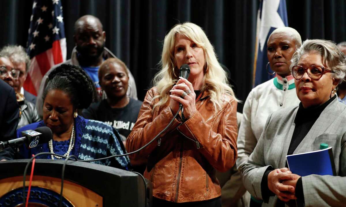 Environmental expert and advocate Erin Brockovich speaks at a town hall on creosote contamination in the Fifth Ward hosted by Congresswoman Sheila Jackson Lee at Wheatley High School, in Houston, Tuesday, Jan. 21, 2020.