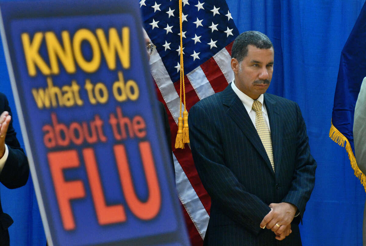 Gov. David Paterson attends a media conference at the Stephen and Harriet Myers Middle School in Albany to speak about efforts to prepare for possible swine flu cases during the coming school year in August 2009.