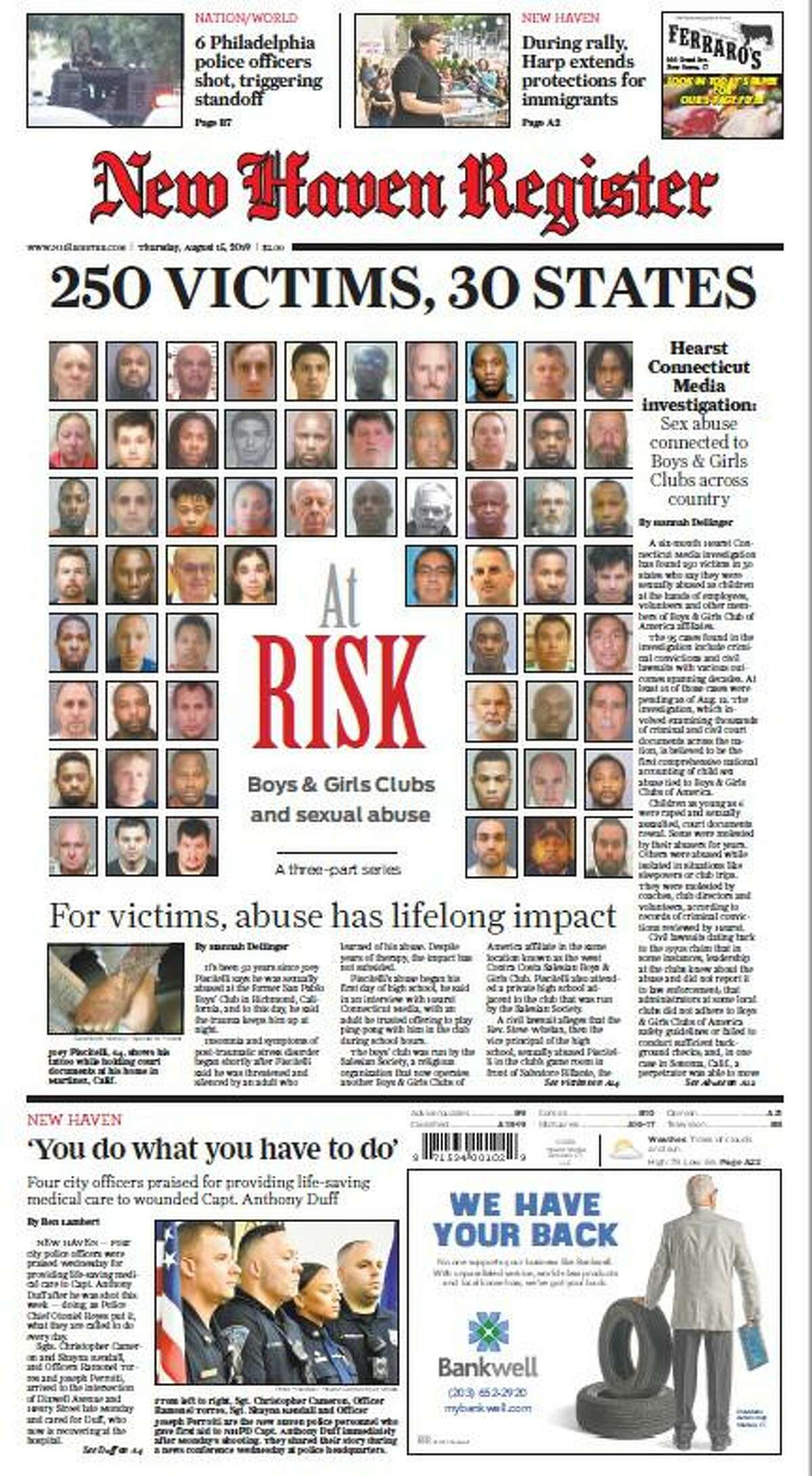 One of our front pages for Day 1 of the At Risk: Boys & Girls Clubs and sexual abuse project.