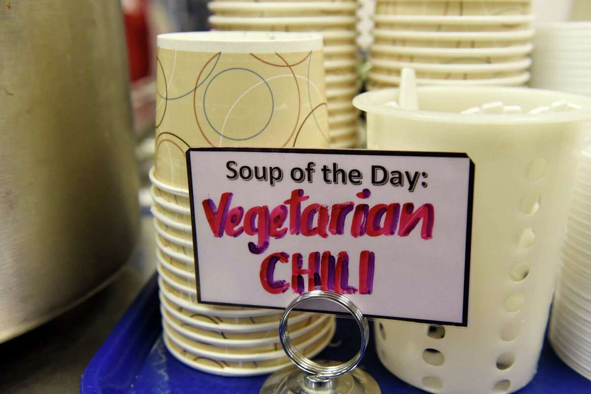 Vegetarian chili was the featured soup of the day in the Saratoga Springs High School cafeteria on Thursday, Oct. 3, 2019, in Saratoga Springs, N.Y. The school offers daily vegan meal options for its students. (Will Waldron/Times Union)