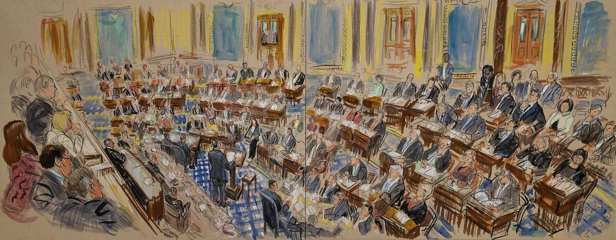 This artist sketch depicts White House counsel Pat Cipollone speaking in the Senate chamber during the impeachment trial against President Donald Trump on charges of abuse of power and obstruction of Congress, at the Capitol in Washington, Tuesday, Jan. 21, 2020. (Dana Verkouteren via AP)
