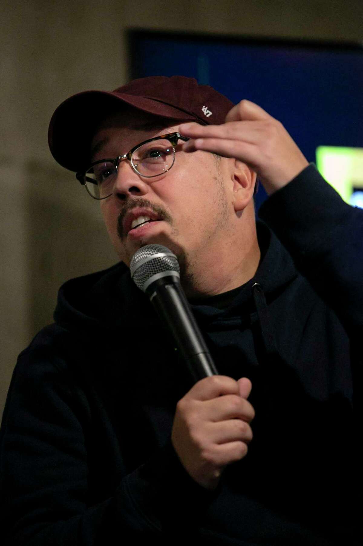 Bestselling author and San Antonio native Shea Serrano answers questions during a San Antonio Talks event held Wednesday at Below at The Maverick downtown.