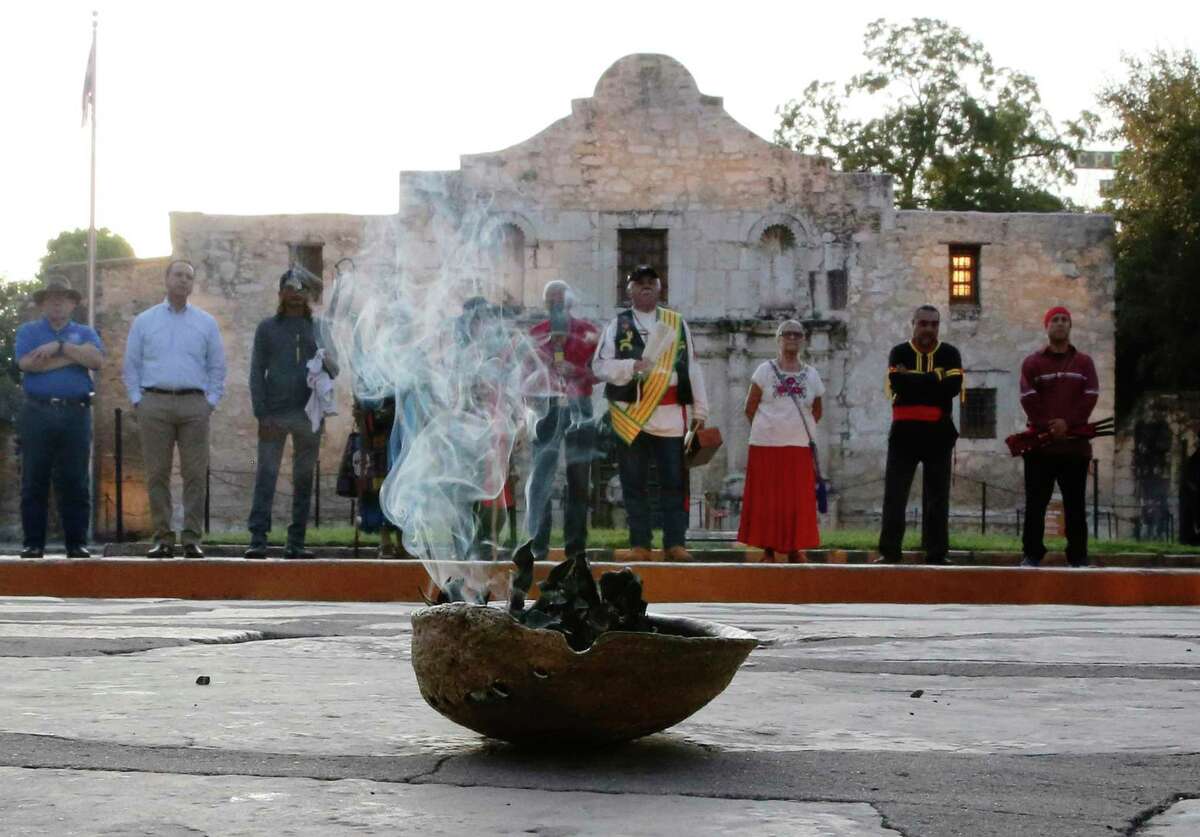 A local Native American group honored buried descendants during their 25th Annual Sunrise Ceremony at the Alamo on Sept. 7, 2019. In the past, the group held the service inside the chapel but were told days before the event that the service would not be permitted inside the Alamo. They held the ceremony in front of the Alamo instead.