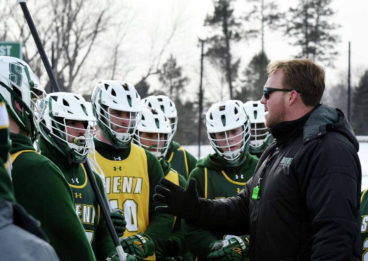 Siena lacrosse coach Liam Gleason speaks to his players during practice on Thursday, Jan. 23, 2020, at Siena College in Colonie, N.Y. (Will Waldron/Times Union)