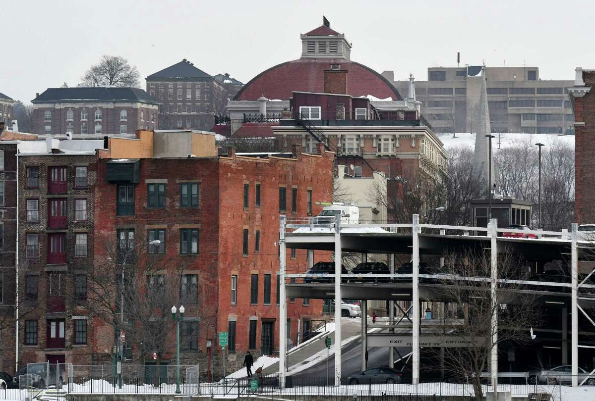 Troy skyline looking east toward Troy Savings Bank Music Hall, center, and the Rensselaer Polytechnic Institute campus on Thursday, Jan. 23, 2020, seen from Hudson Shores Park in Watervliet, N.Y. (Will Waldron/Times Union)